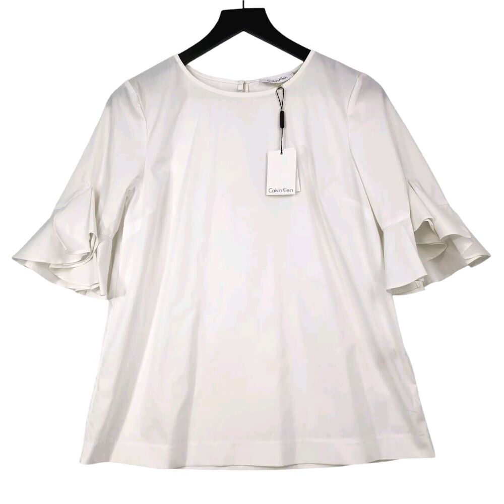 Calvin Klein Blouse Size X-Small Ivory Split Flutter Short Sleeves Office Career